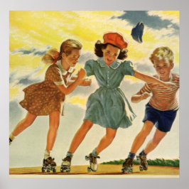  kinderen, jongens meisjes met rolschaatsen poster