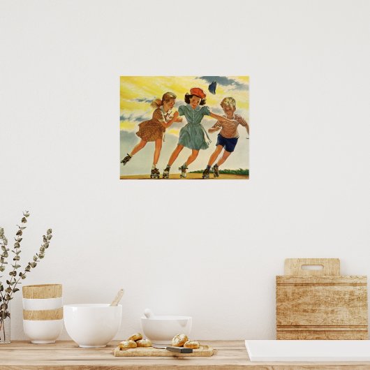  kinderen, jongens meisjes met rolschaatsen poster (Keuken)