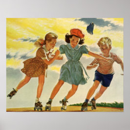  kinderen, jongens meisjes met rolschaatsen poster
