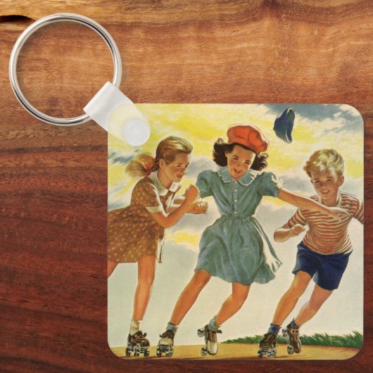  kinderen, jongens meisjes met rolschaatsen sleutelhanger (Voorkant)