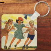  kinderen, jongens meisjes met rolschaatsen sleutelhanger (Achterkant)