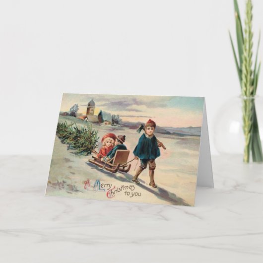 Kinderen Kerstboom slee slee slee Feestdagen Kaart (Voorkant)