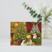  kinderen kerstcadeautjes openen feestdagenkaart (Staand voorkant)