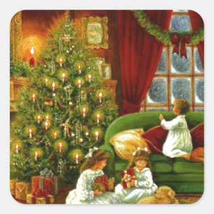  kinderen kerstcadeautjes openen vierkante sticker