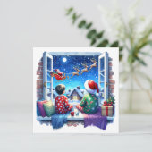 Kinderen kijken naar Santa's Sleigh kerstavond Feestdagenkaart (Staand voorkant)