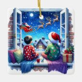 Kinderen kijken naar Santa's Sleigh kerstavond Keramisch Ornament (Voorkant)