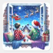 Kinderen kijken naar Santa's Sleigh kerstavond Vierkante Sticker (Voorkant)