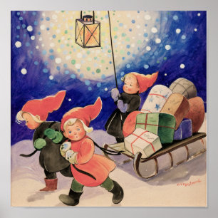 Kinderen, lantaarns, kerstcadeautjes poster