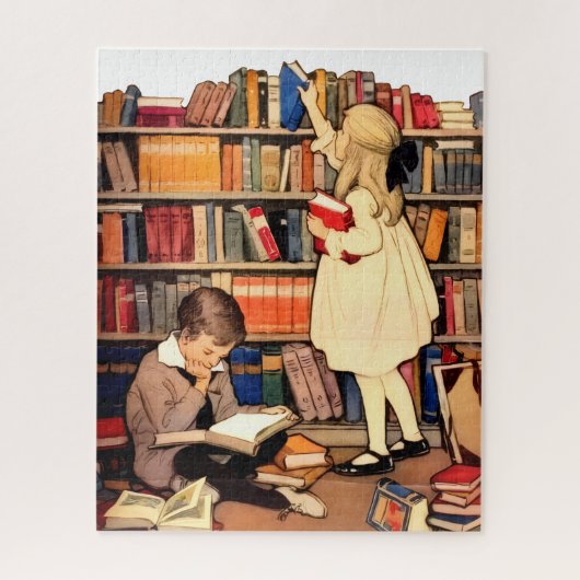 Kinderen lezen oude bibliotheekboeken legpuzzel (Verticaal)