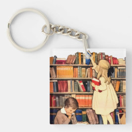Kinderen lezen oude bibliotheekboeken sleutelhanger