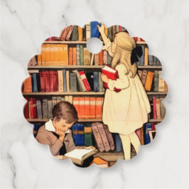 Kinderen lezen oude boeken uit de bibliotheek bedankjes labels