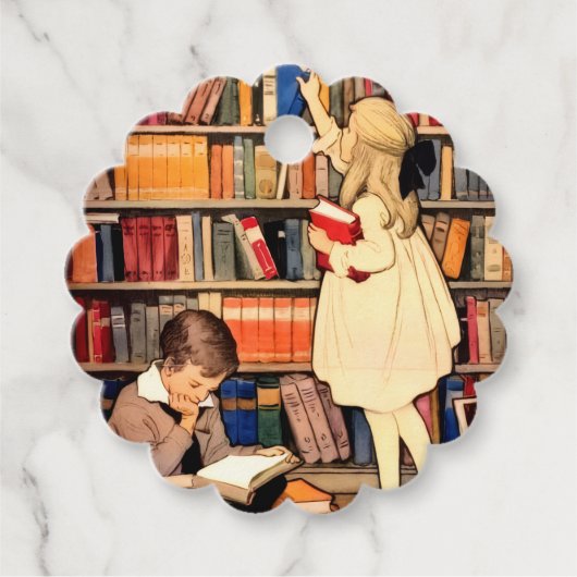 Kinderen lezen oude boeken uit de bibliotheek bedankjes labels (Voorkant)