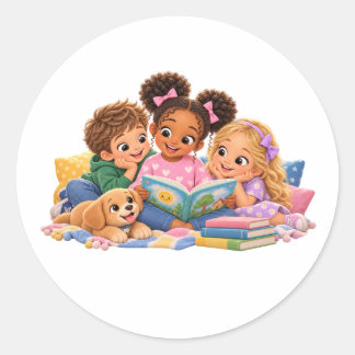 Kinderen lezen samen voorlezen ronde sticker
