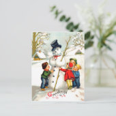 Kinderen maken een Big Snowman, feestdag Briefkaart (Staand voorkant)