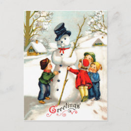 Kinderen maken een grote sneeuwman, vintage vakant briefkaart