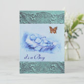 KINDEREN MET BUTTERFLY BLUE BOY BABY SHOWER KAART (Staand voorkant)