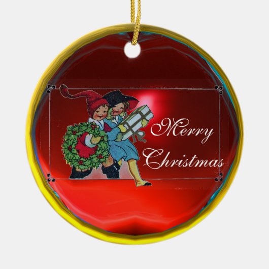 KINDEREN MET CHRISTMASGIFTEN KERAMISCH ORNAMENT (Voorkant)