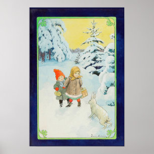 Kinderen met een haasje in de winter - Kerstmis Poster