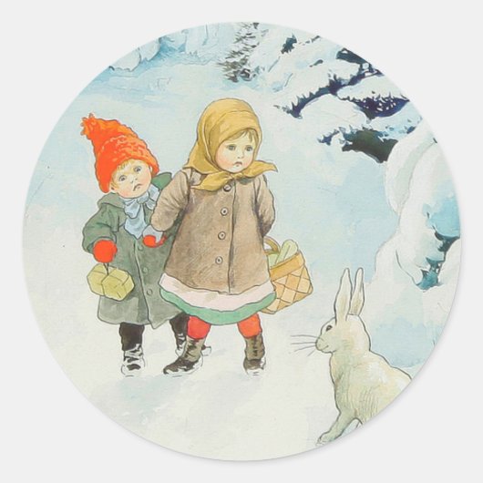 Kinderen met een haasje in de winter - Kerstmis Ronde Sticker (Voorkant)