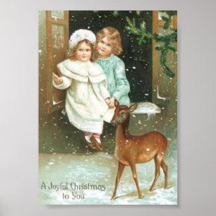 Kinderen met een hert voor kerstmis poster
