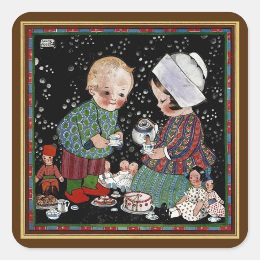  kinderen met een tijdelijke Tea Party Vierkante Sticker (Voorkant)
