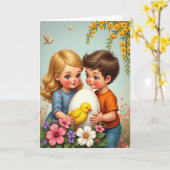 Kinderen Met Ei Lente Scene Kaart (Gele Bloem)