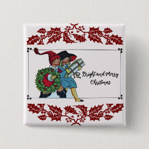 KINDEREN MET KERSTCADEAUS EN RODE BLOEMEN VIERKANTE BUTTON 5,1 CM