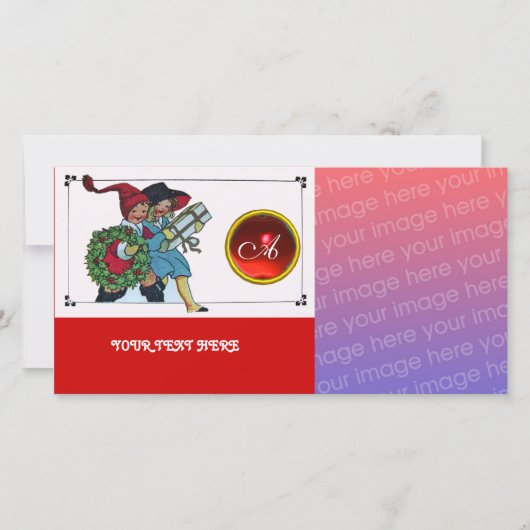 KINDEREN MET KERSTCADEAUS monogram Feestdagenkaart (Voorkant)