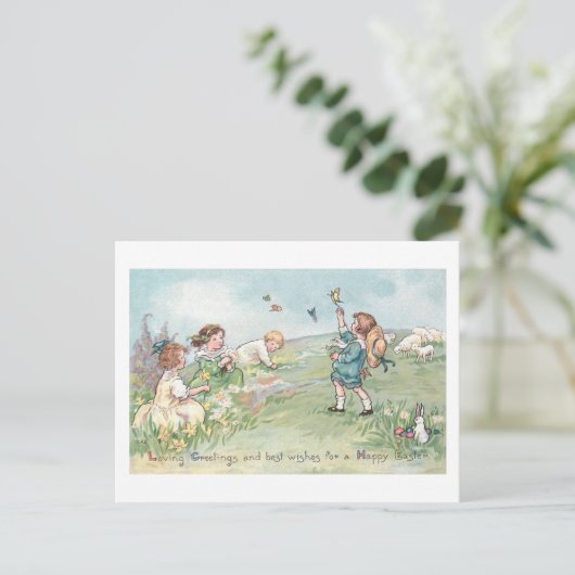  kinderen met lammeren en paasbundels feestdagenkaart (Staand voorkant)