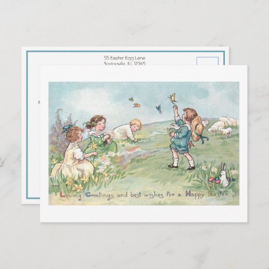  kinderen met lammeren en paasbundels feestdagenkaart (Voorkant / Achterkant)