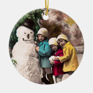 KINDEREN MET SNOWMAN KERAMISCH ORNAMENT