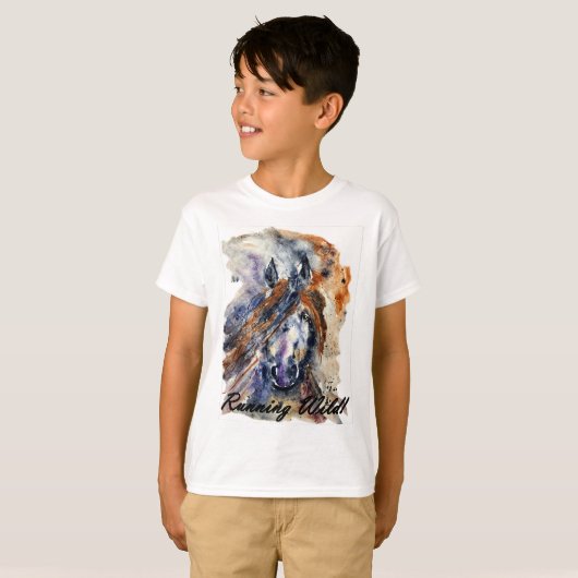 Kinderen met wilde paarden, Waterverf schilderafdr T-shirt (Voorkant volledig)