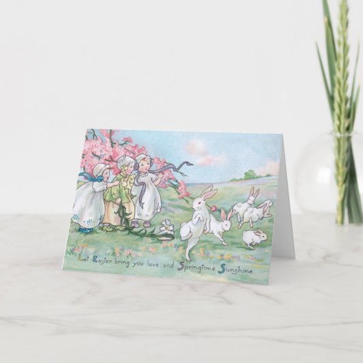  kinderen met witte paasbundels feestdagen kaart (Voorkant)