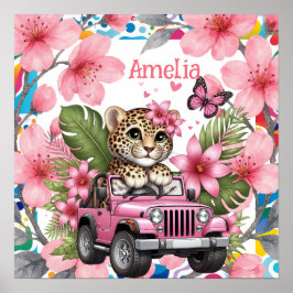 Kinderen Naam & Bloemige Baby Jungle Dieren Slaapk Poster