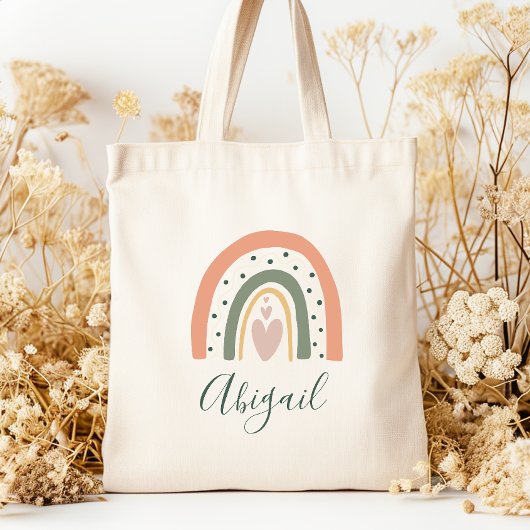 Kinderen Naam Boho Regenboog Hart Aardtinten Tote Bag