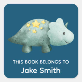 Kinderen Navy Blauwe Dinosaur en Naam Schoolboeken Vierkante Sticker