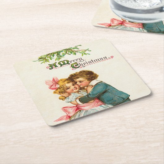 Kinderen onder de mistletoe Kerstmis Kartonnen Onderzetters (Schuin)