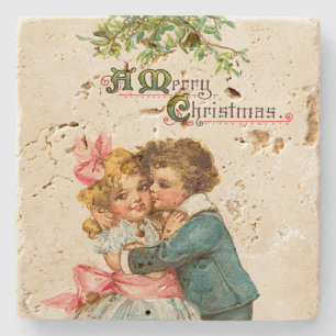 Kinderen onder de mistletoe kerstmis stenen onderzetter