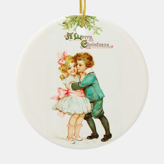 Kinderen onder de mistletoe met kerstmis keramisch ornament (Voorkant)