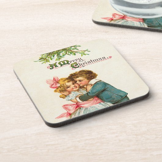 Kinderen onder de mistletoe-set van kurkOnderzette Bier Onderzetter (Linkerzijde)