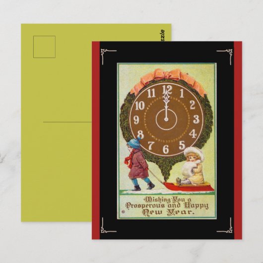 kinderen onder een klok gelukkig nieuwjaar briefkaart (Voorkant / Achterkant)