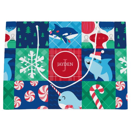 Kinderen onder het Zee kerstpatchwork Groot Cadeauzakje (Voorkant)