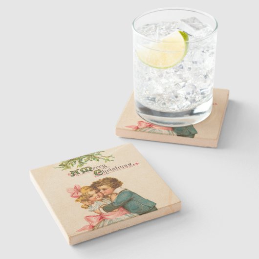 Kinderen onder Mistletoe Kerstmis Stenen Onderzetter (Zijkant)