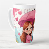 Kinderen onder roze paraplu met vallend hart latte mok (Linkerhoek)