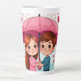 Kinderen onder roze paraplu met vallend hart latte mok