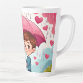 Kinderen onder roze paraplu met vallend hart latte mok (Rechts)