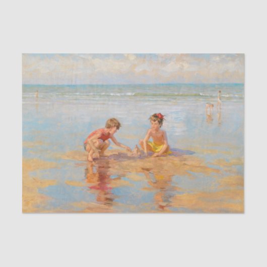  kinderen op de strand Antiek strand scène Tissuepapier (Voorkant)