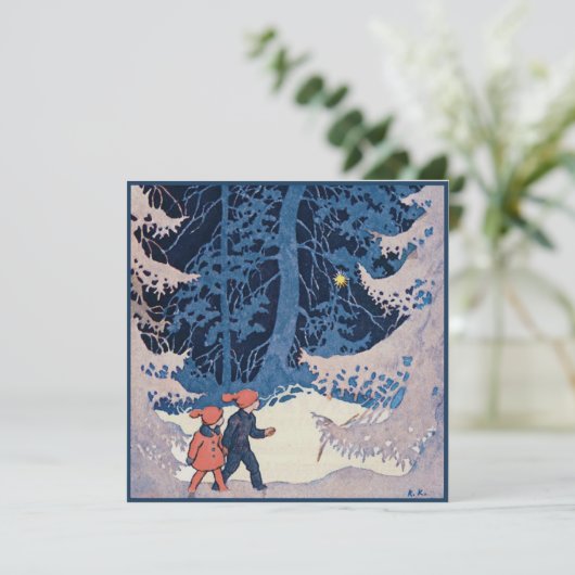  kinderen op een avondwandeling in de sneeuw feestdagenkaart (Staand voorkant)