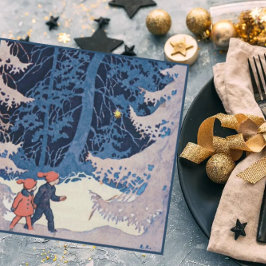  kinderen op een avondwandeling in de sneeuw feestdagenkaart