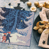  kinderen op een avondwandeling in de sneeuw feestdagenkaart